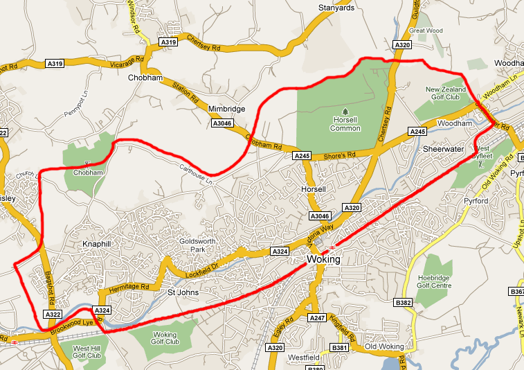 Map showing Horsell, Sheerwater, St. John's, Knaphill, Goldsworth Park and the area of Woking Town Centre north of the railway line.